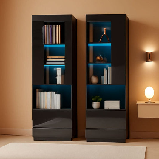 Two Piece 71 Inch Tall Bookcase Storage Cabinet With Glass Doors Set Of Two For Living Room And Office-0