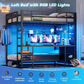 Black Full Over Twin Metal Bunk Bed With Desk LED Lights