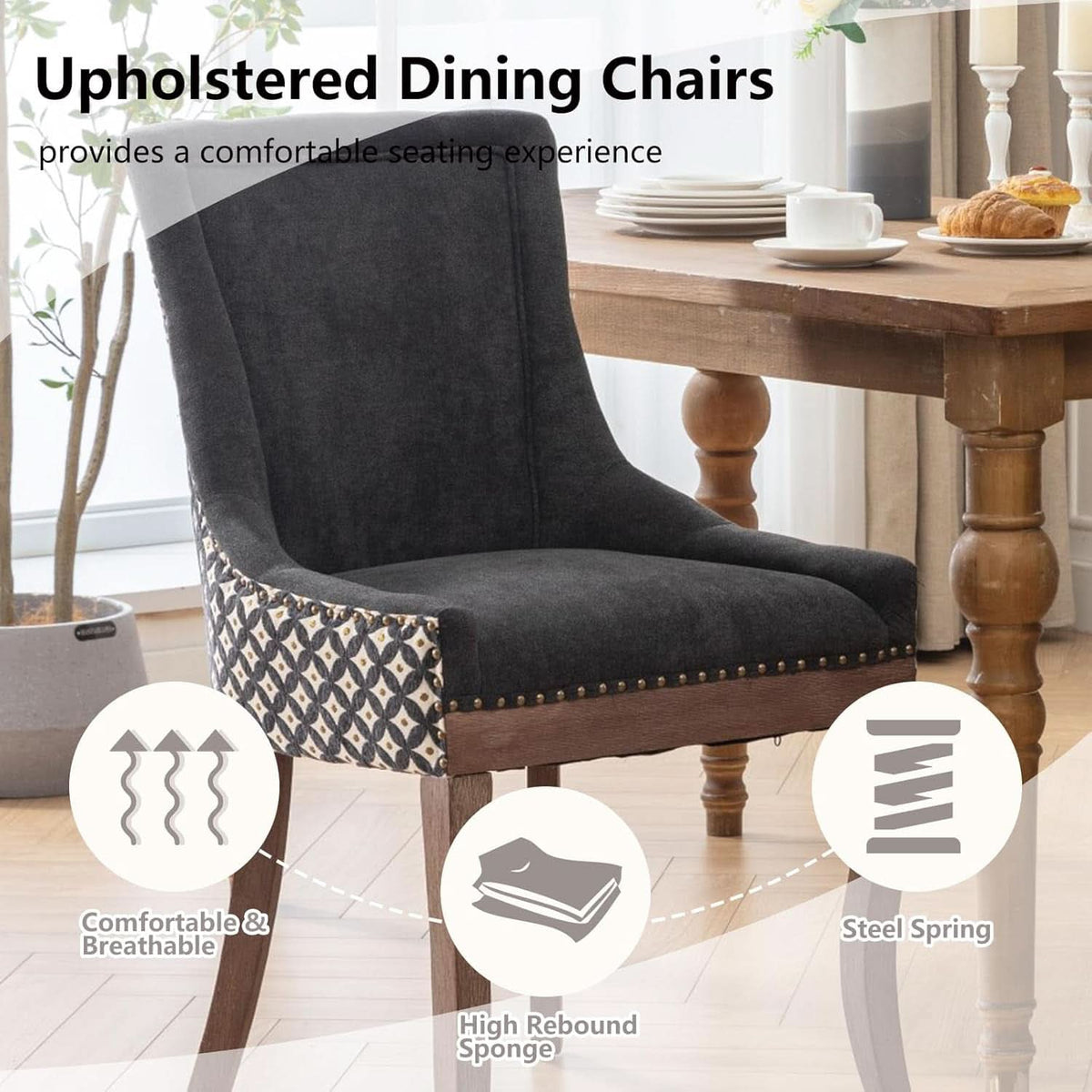 Dining Chairs Set Of 2 High Back Upholstered Fabric With Solid Wood Legs