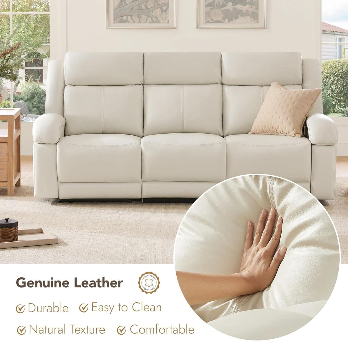Genuine Leather Power Recliner Sofa Cream Upholstery