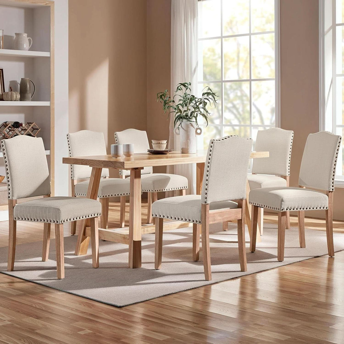 Beige Upholstered Dining Chairs With Nailhead Trim