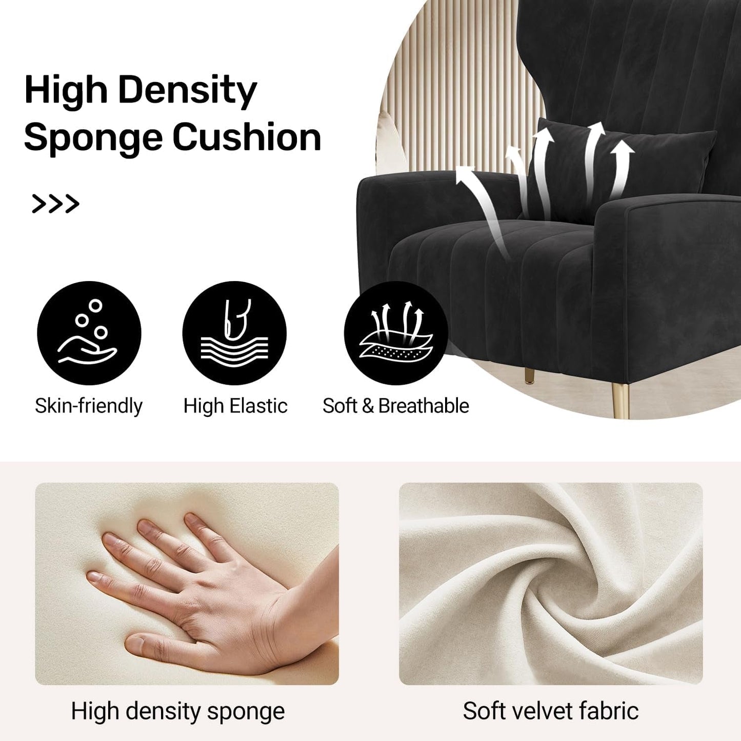 Black Velvet Wingback Chair Upholstered With Pillow