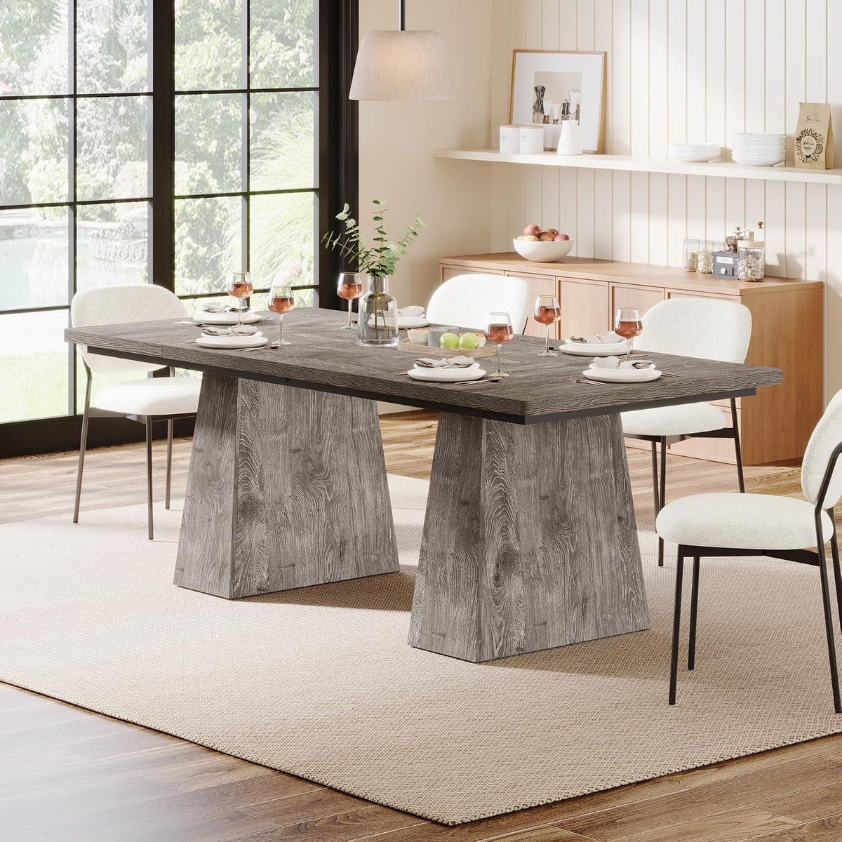 Grey Double Pedestal Rectangular Dining Table Wooden