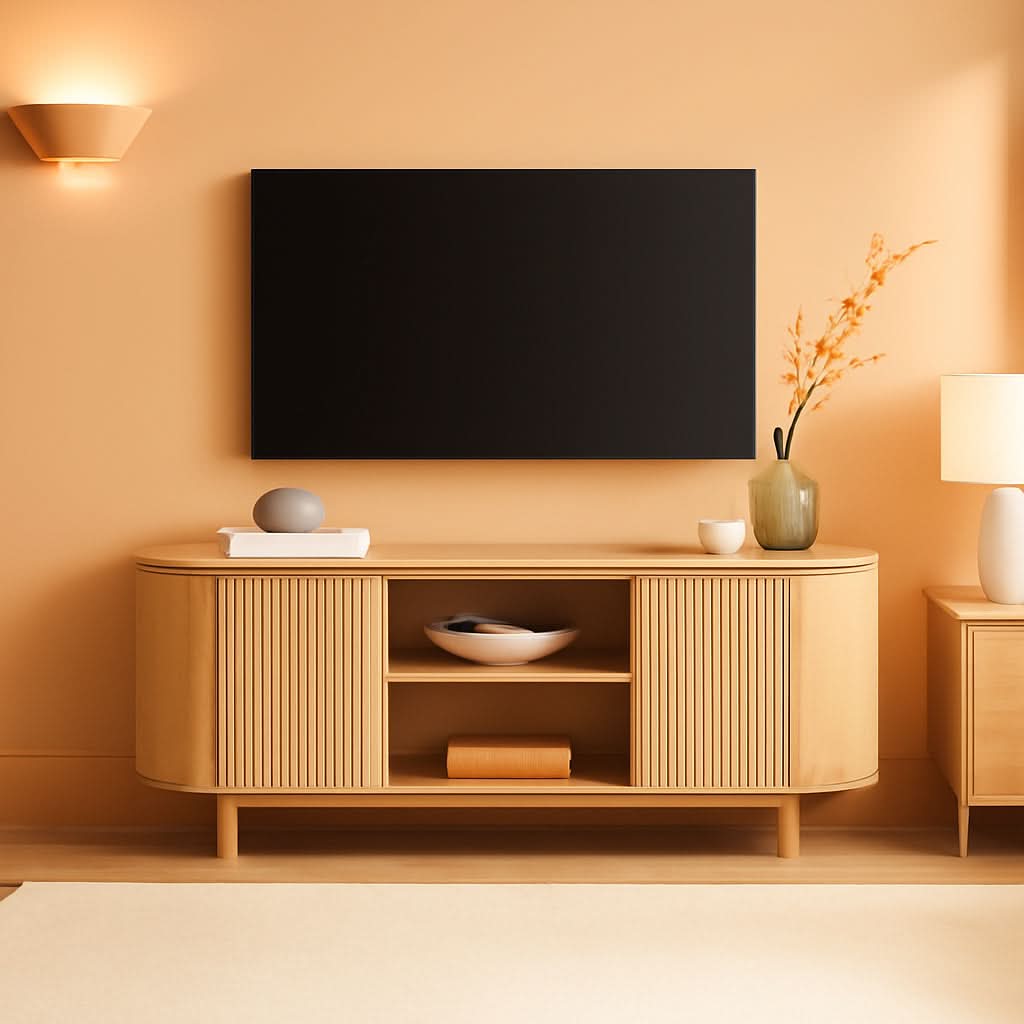 Sixty FiveInch Curved Premium Coastal Oak Finish TV Stand