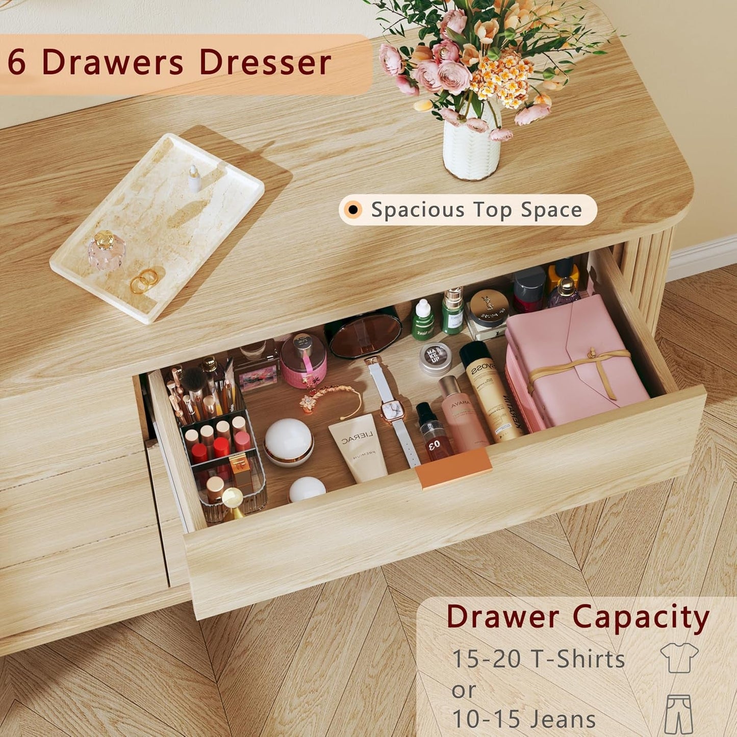 55 Inch Wide Fluted Dresser With Six Drawers Oak Finish