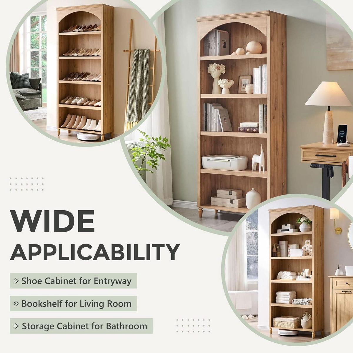 76 Inch Tall Arched Bookcase With Adjustable Shelves