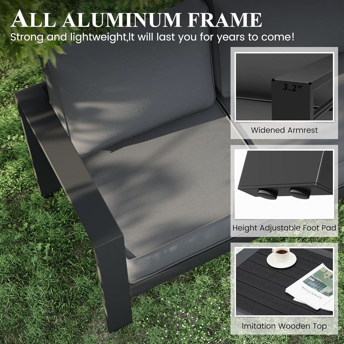 Aluminum Patio Set 7 Piece With Waterproof Covers Grey