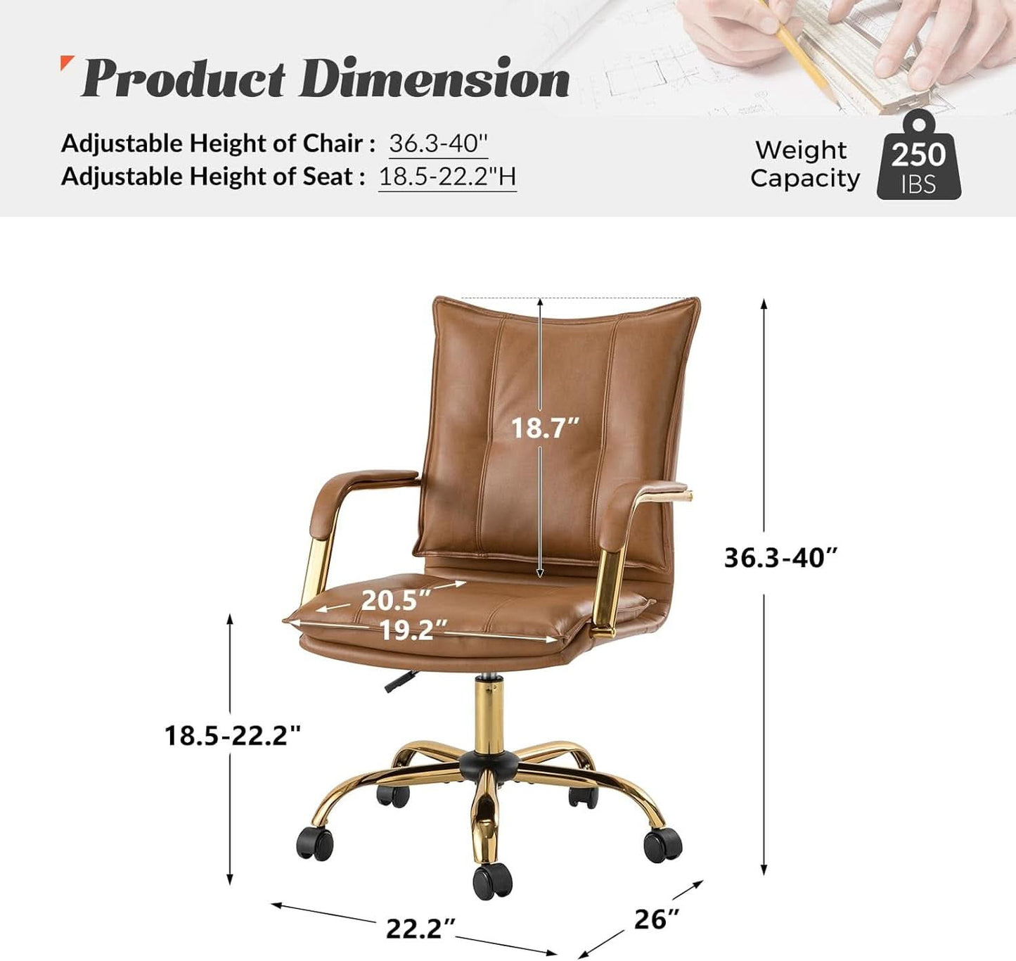 Adjustable Faux Leather Desk Chair With Golden Legs Camel
