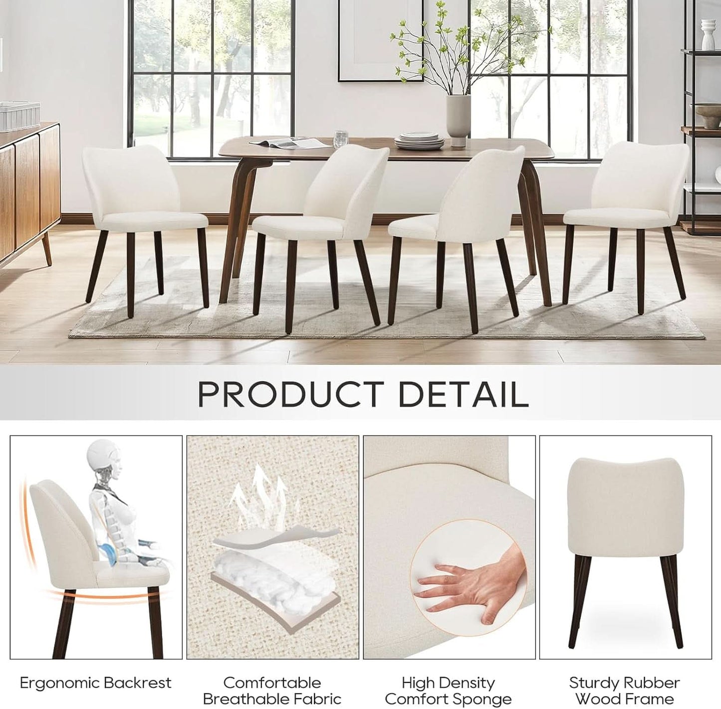Upholstered Dining Chairs Pair Beige Fabric Wood Legs