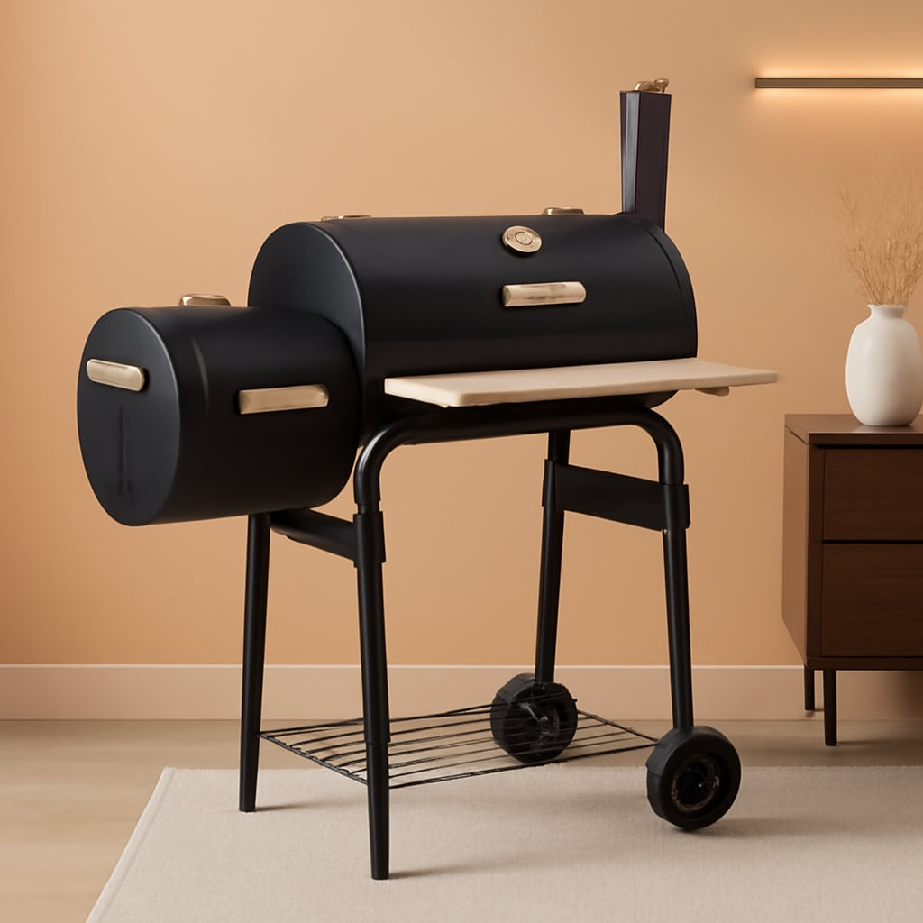 Large Offset Charcoal Smoker Grill Featuring Firebox