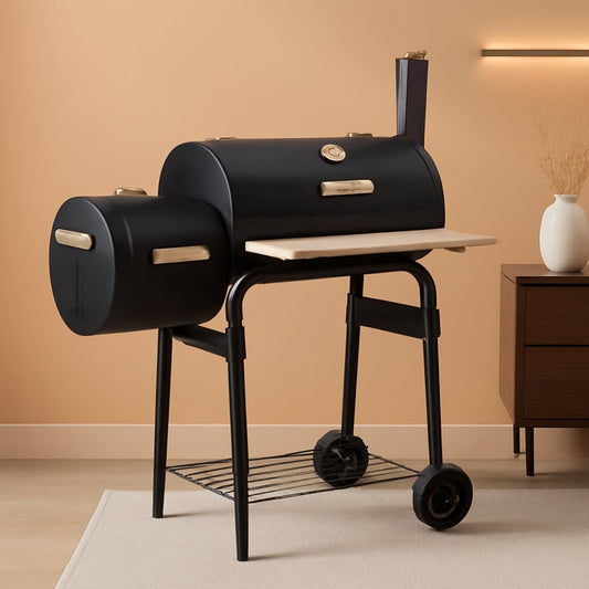 Large Offset Charcoal Smoker Grill Featuring Firebox