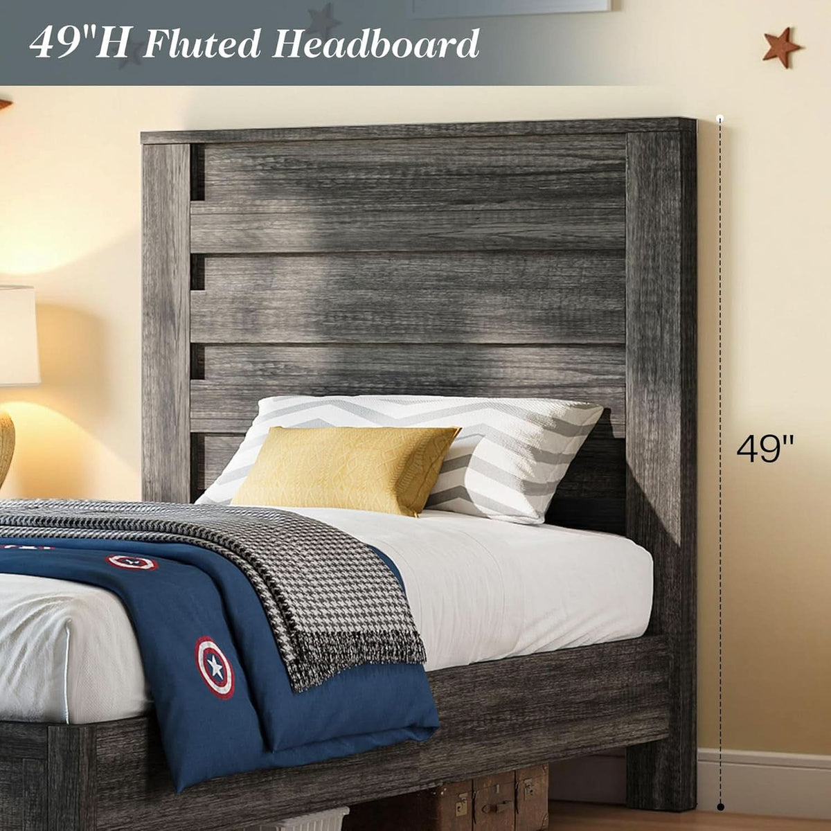 Twin Platform Bed 49in Fluted Headboard Natural Grey