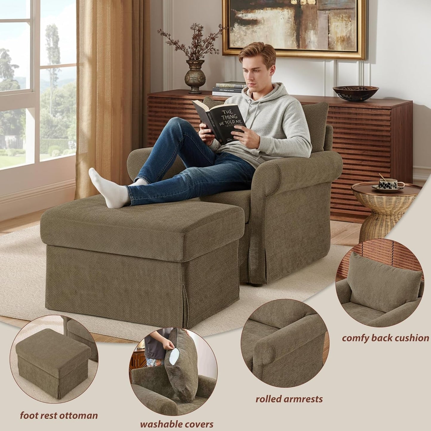 Brown Chenille Accent Chair With Substantial Ottoman