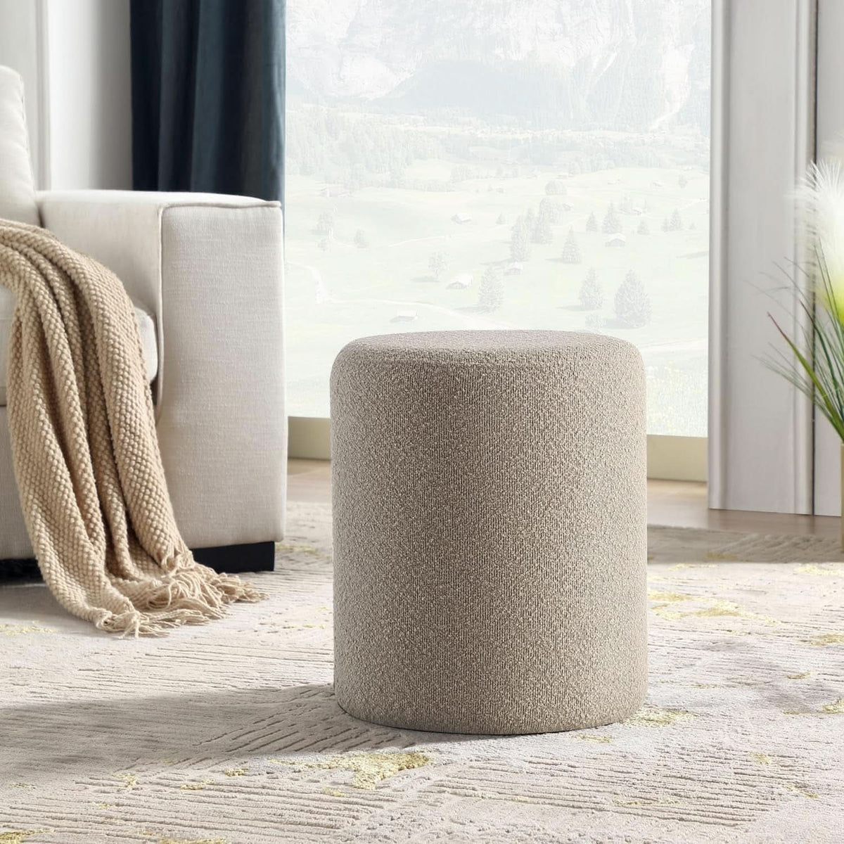 Round Ottoman With Upholstered Cushioned Vanity Stool