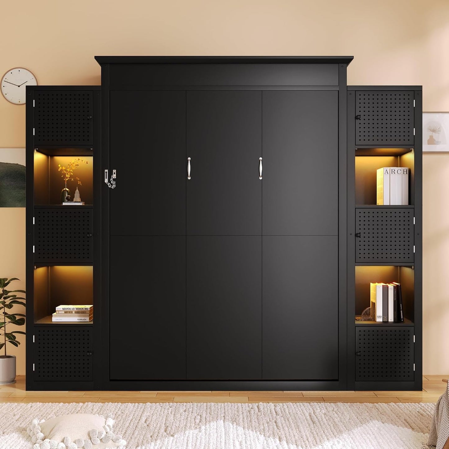 Queen Size Murphy Bed With Storage Cabinets And LED Lighting Black