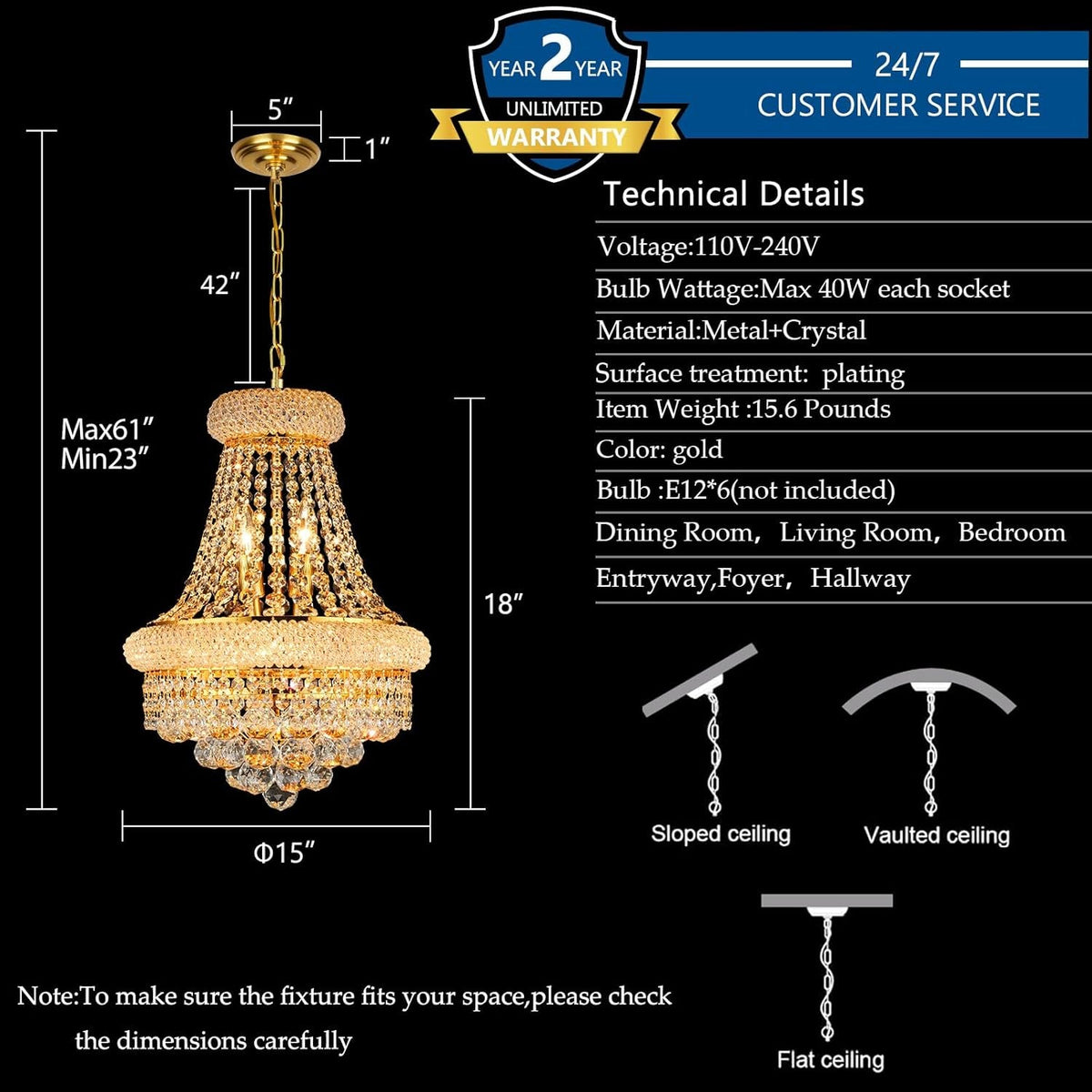 Empire Crystal Chandeliers K9 Crystals Gold Finish-3