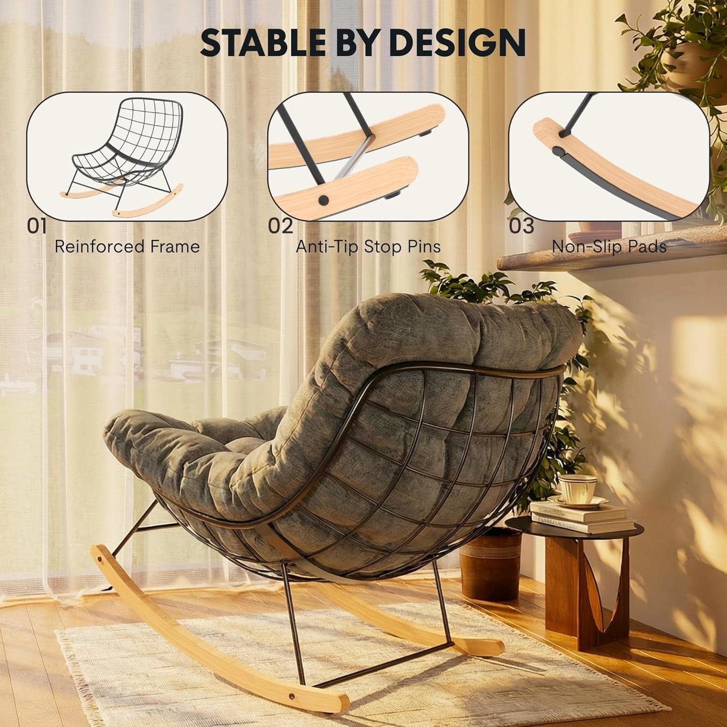 Grey Oversized Rocking Lounge Chair Cushioned Seat