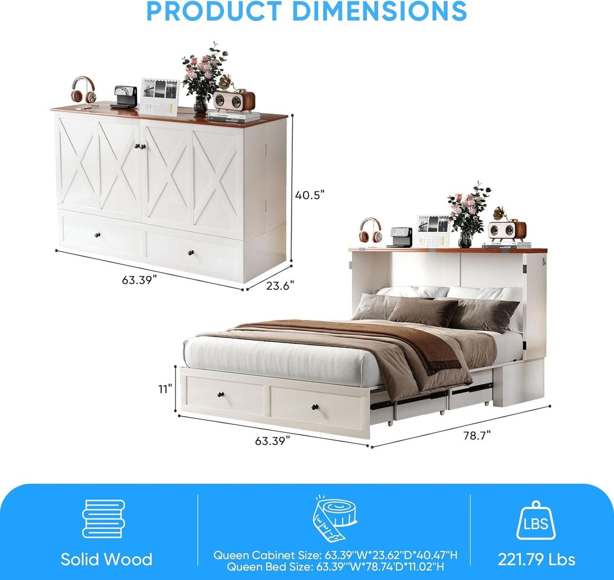 White Contemporary Murphy Bed With USB Double Drawers-2