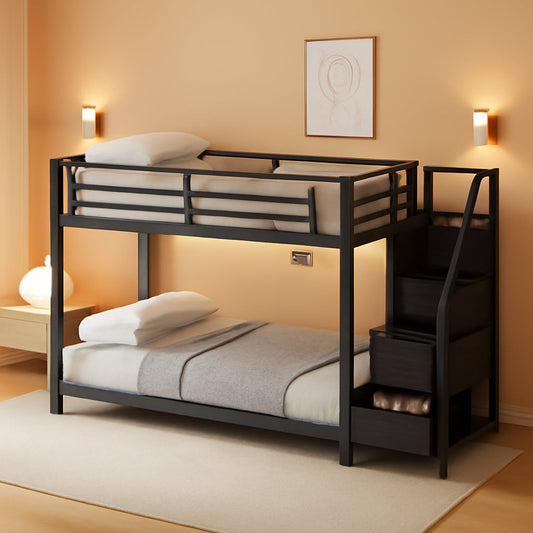 Black Twin Over Twin Metal Bunk Bed Storage Drawers