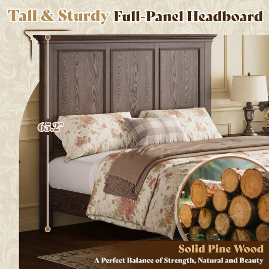 Solid Pine King Platform Bed Frame 65.2In Headboard