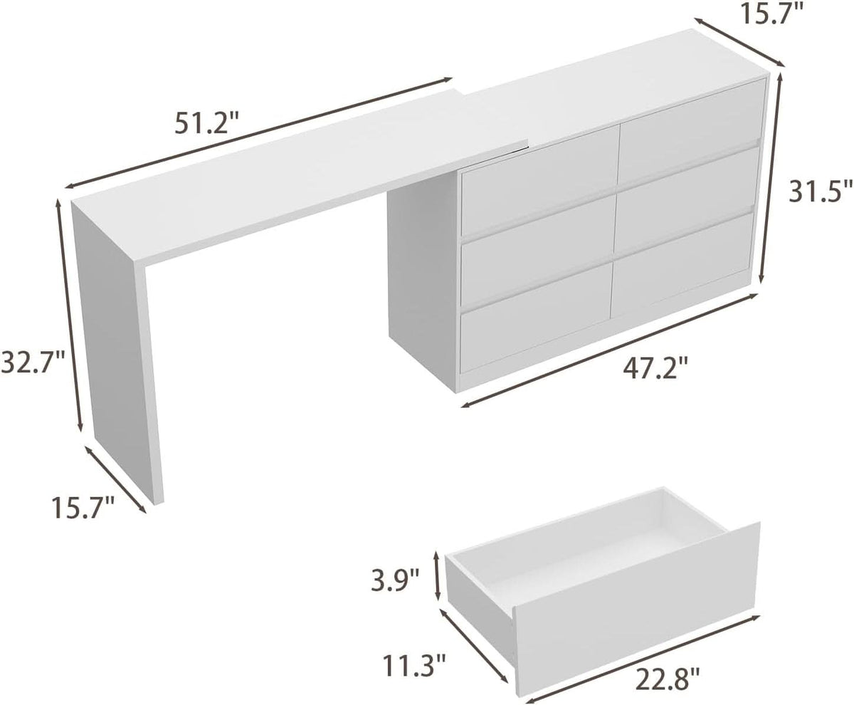 6 Drawer Dresser With Rotatable Tabletop White Home Office-1