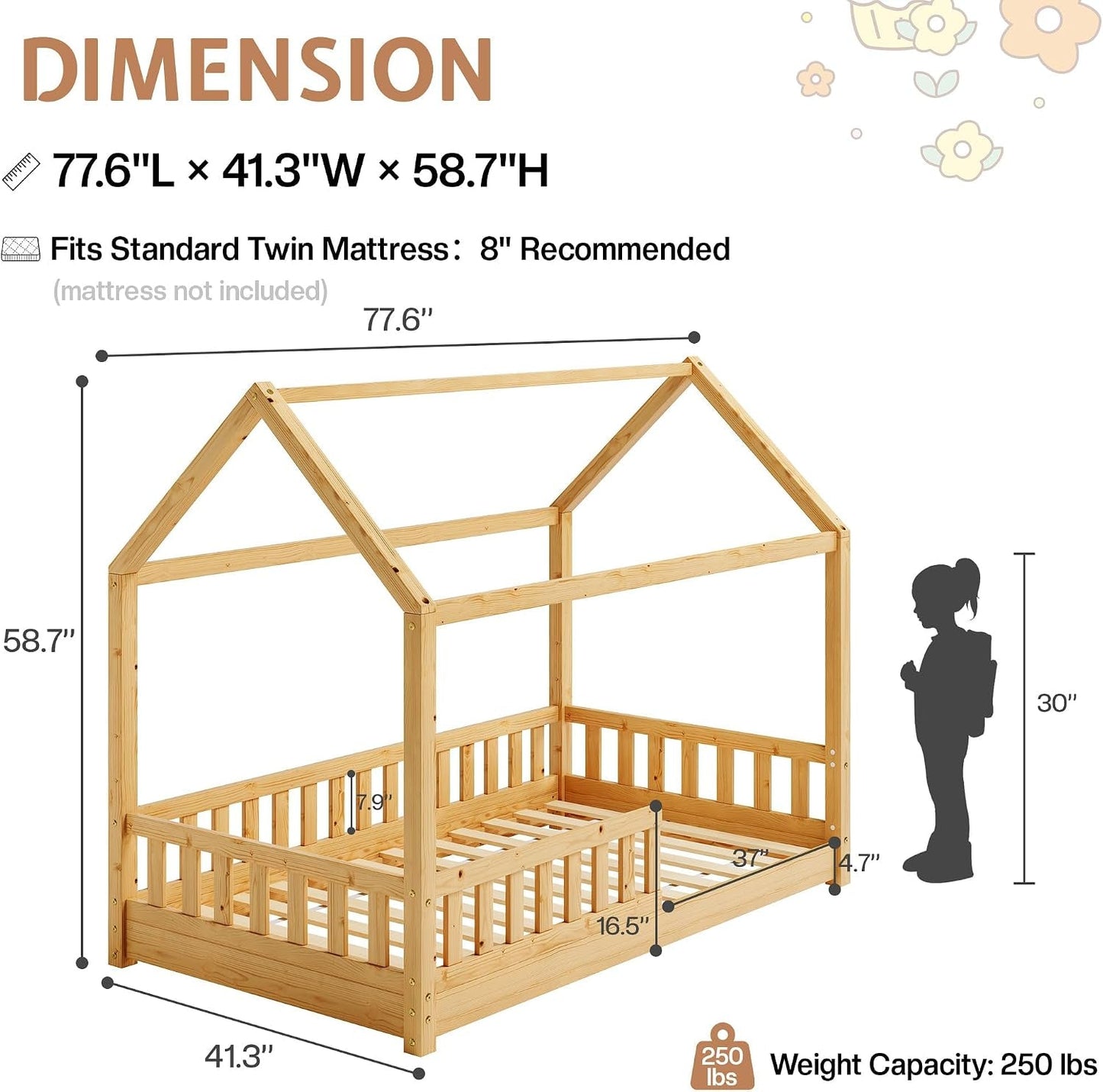 Twin Size Natural Wood Playhouse Style Bed Guardrails