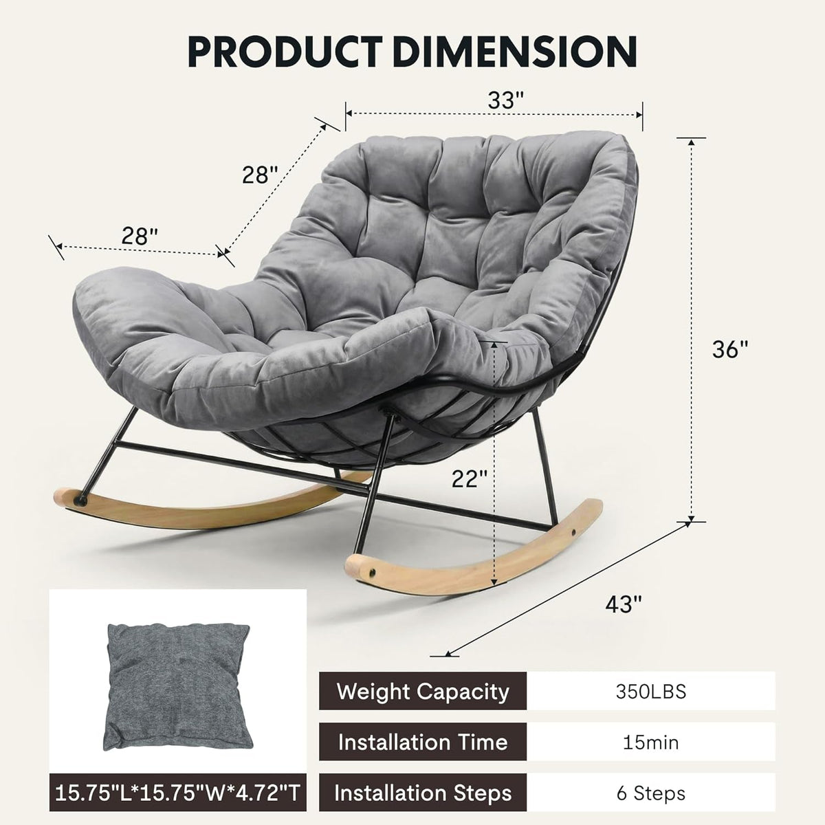 Grey Oversized Rocking Lounge Chair Cushioned Seat