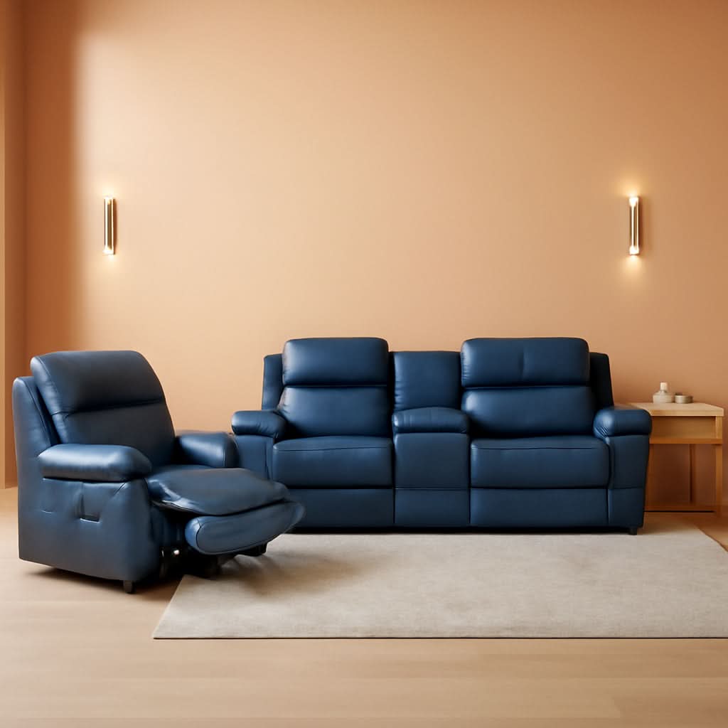 Manual Leather Recliner Sofa Set Blue Living Room Furniture