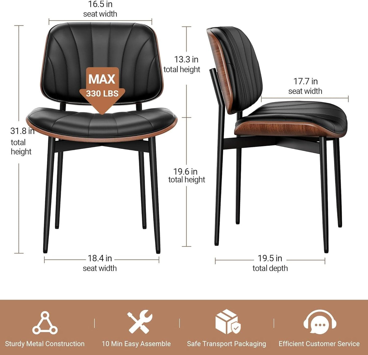 Set of 6 Black PU Leather Mid-Century Modern Dining Chairs with Walnut Back