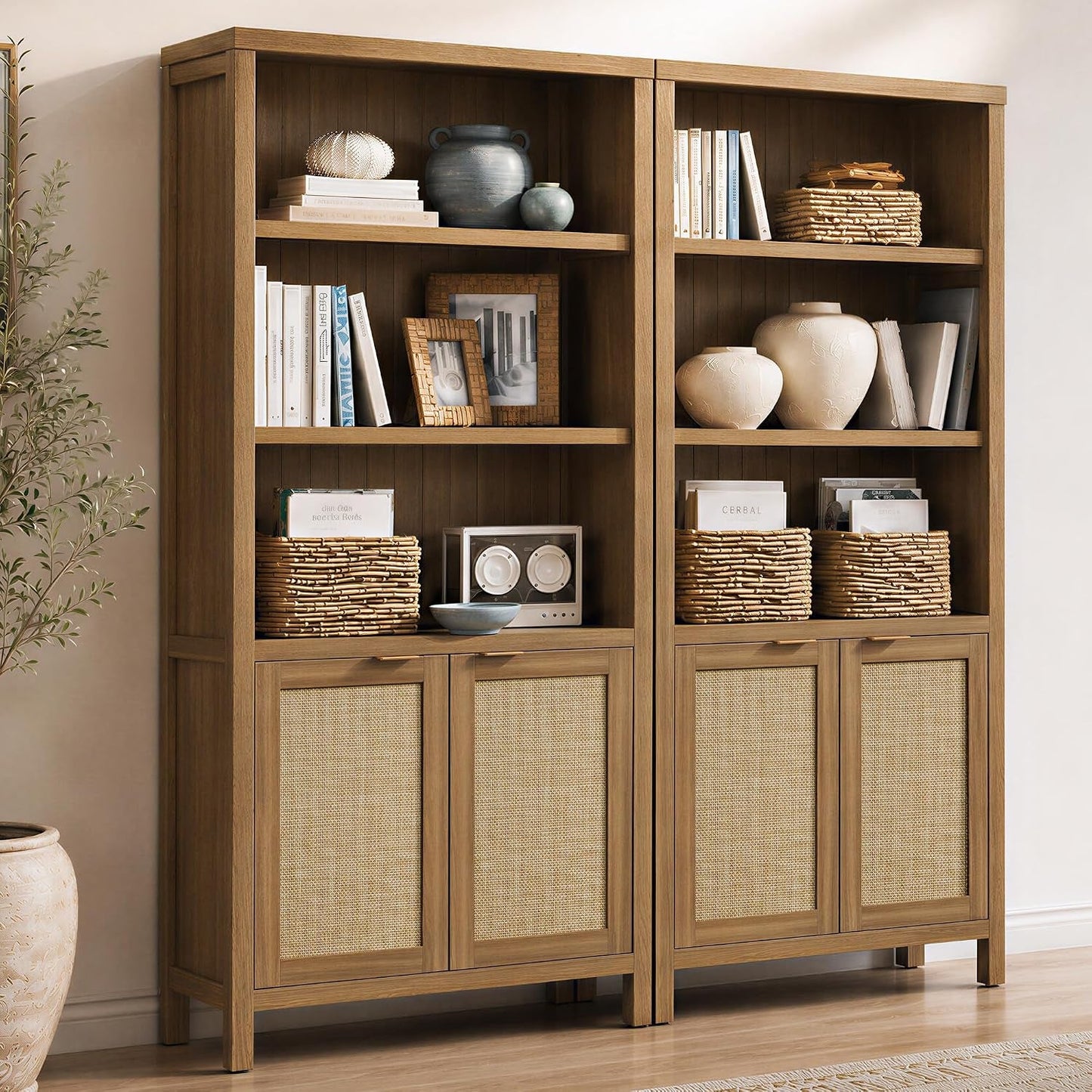 Tall Rattan Bookcase Featuring Doors Adjustable Shelves