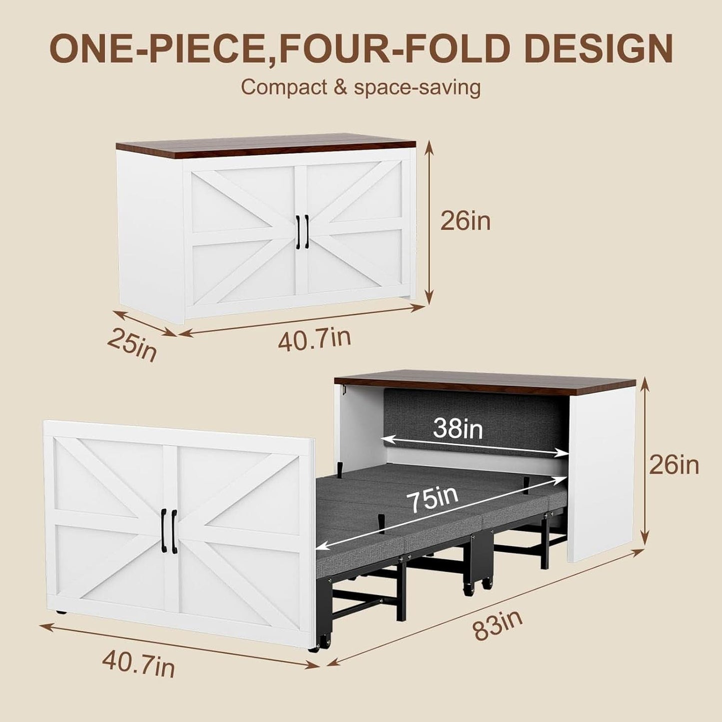 Walnut White Twin Space-Saving Murphy Bed Mattress