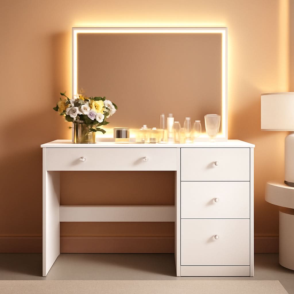 White Makeup Vanity Desk With Precise Tempered Glass Top