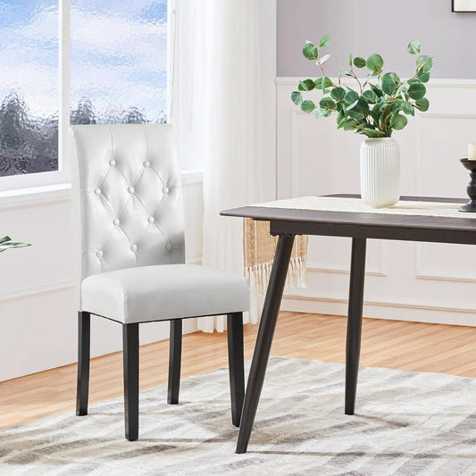 Tufted Leather Dining Chairs Set of 2 White Wood Legs
