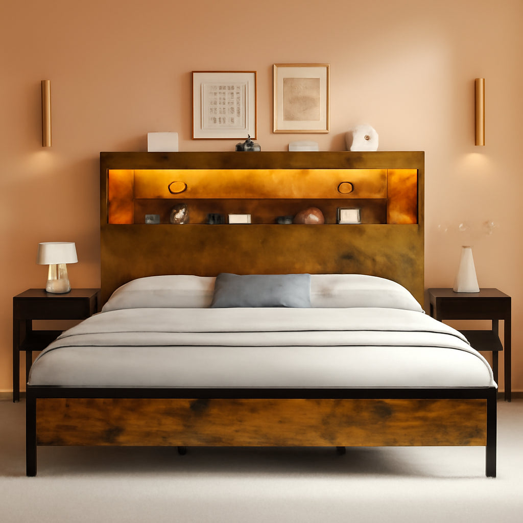 Queen Size Bed Frame With Bookcase Headboard RGBLED
