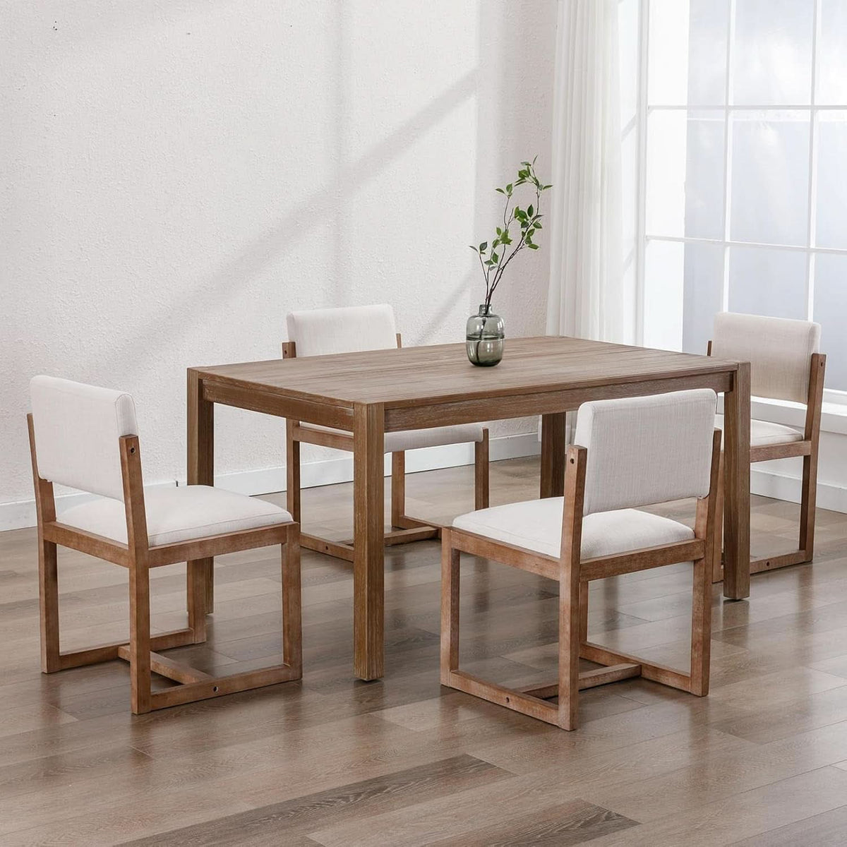 Beige Linen Upholstered Dining Chairs Midcentury Pair