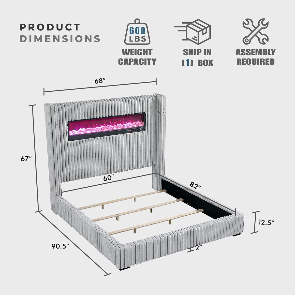 Corduroy Upholstered Queen Platform Bed Frame Gray