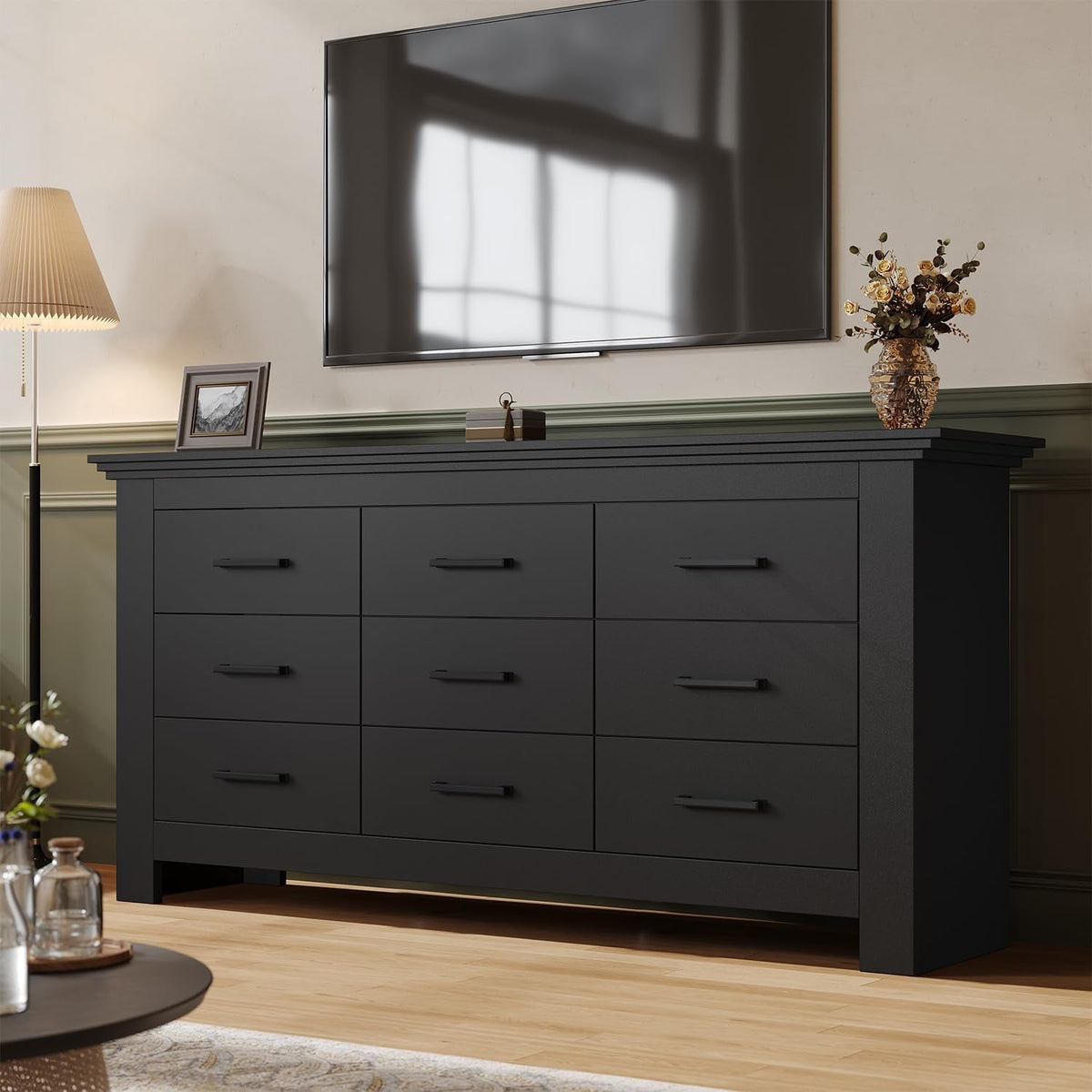 Black Vintage Ornate Solid Wood Dresser With Nine Drawers-2