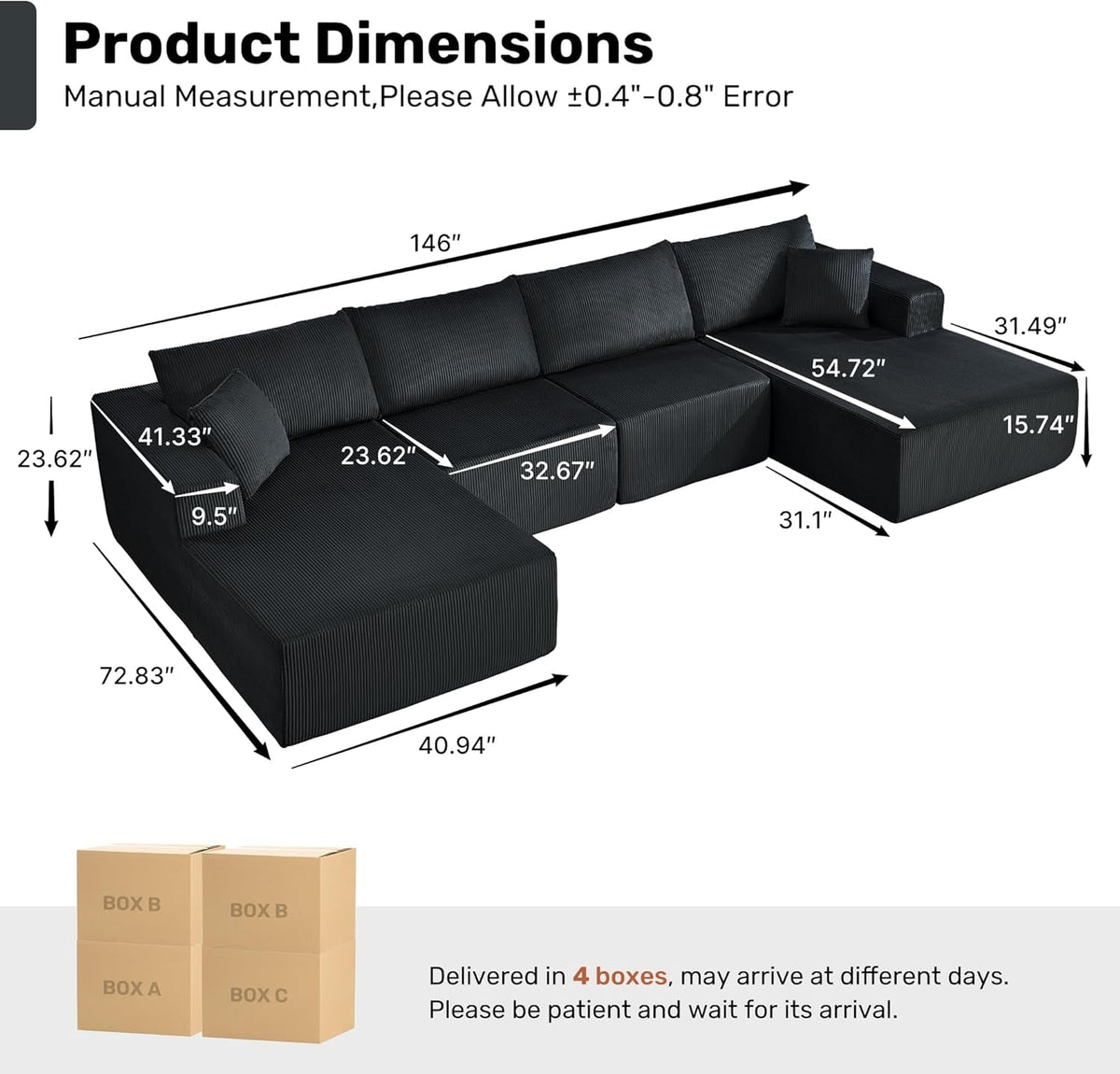 Corduroy Black UShaped 146Inch Modular Sectional Sofa
