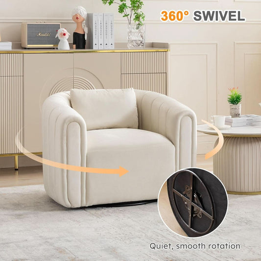 Beige Velvet Barrel Swivel Chair With LumbarPillow