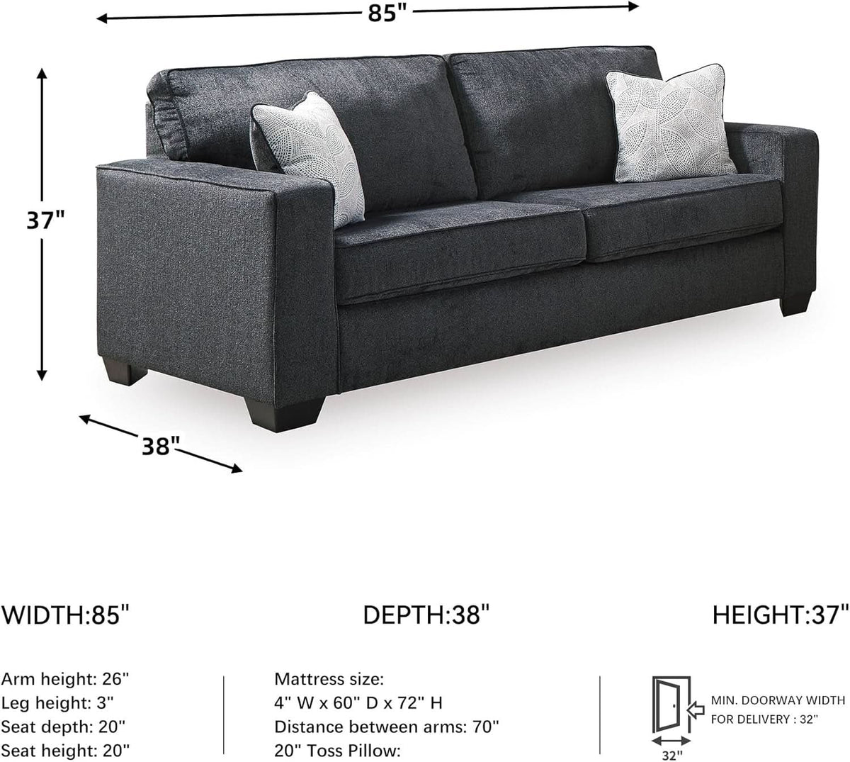 Queen Sleeper Sofa Dark Gray Upholstered ChenilleWeave-2