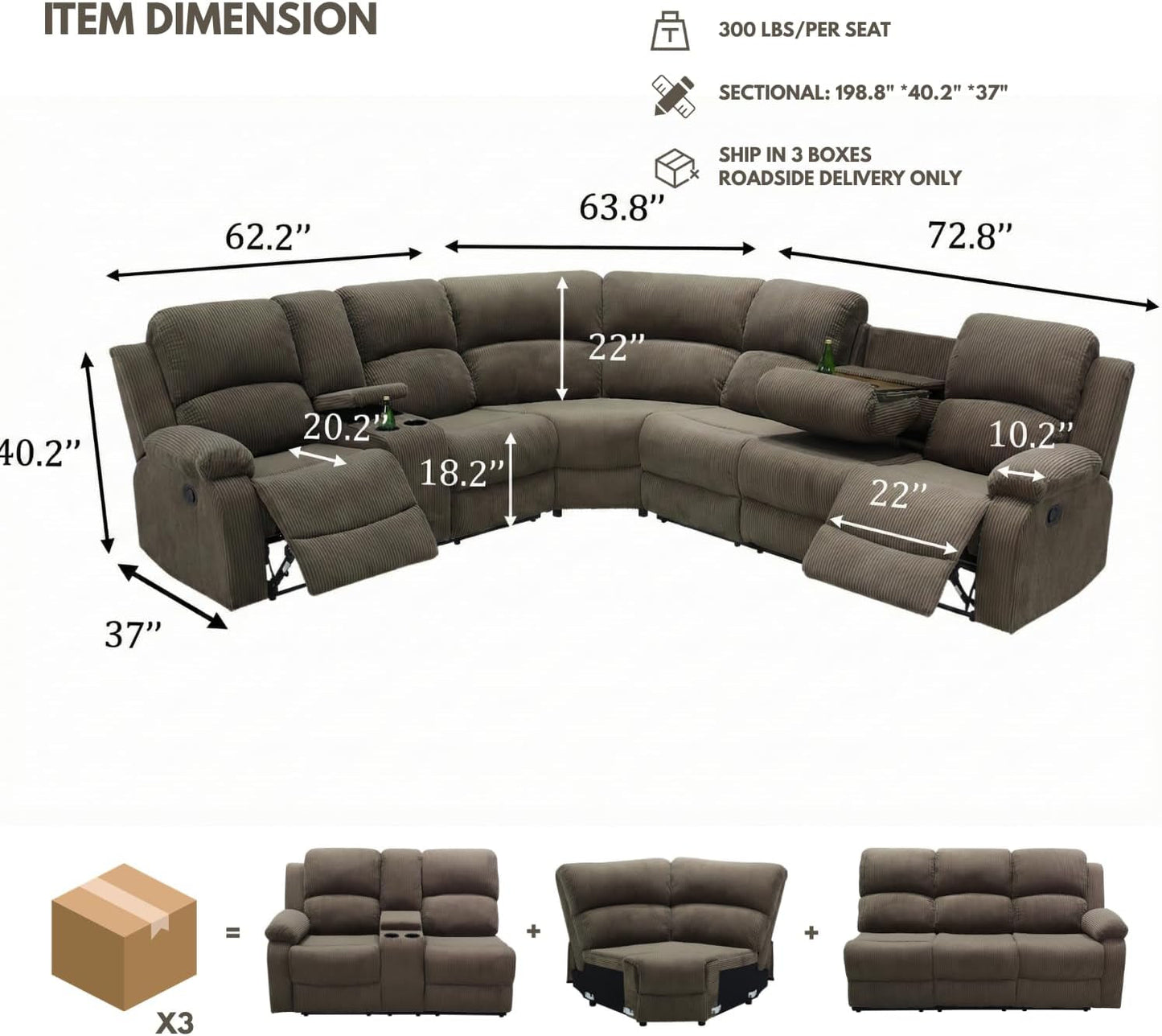 Comfortable Recliner Sectional Sofa Peanut Cup Holders