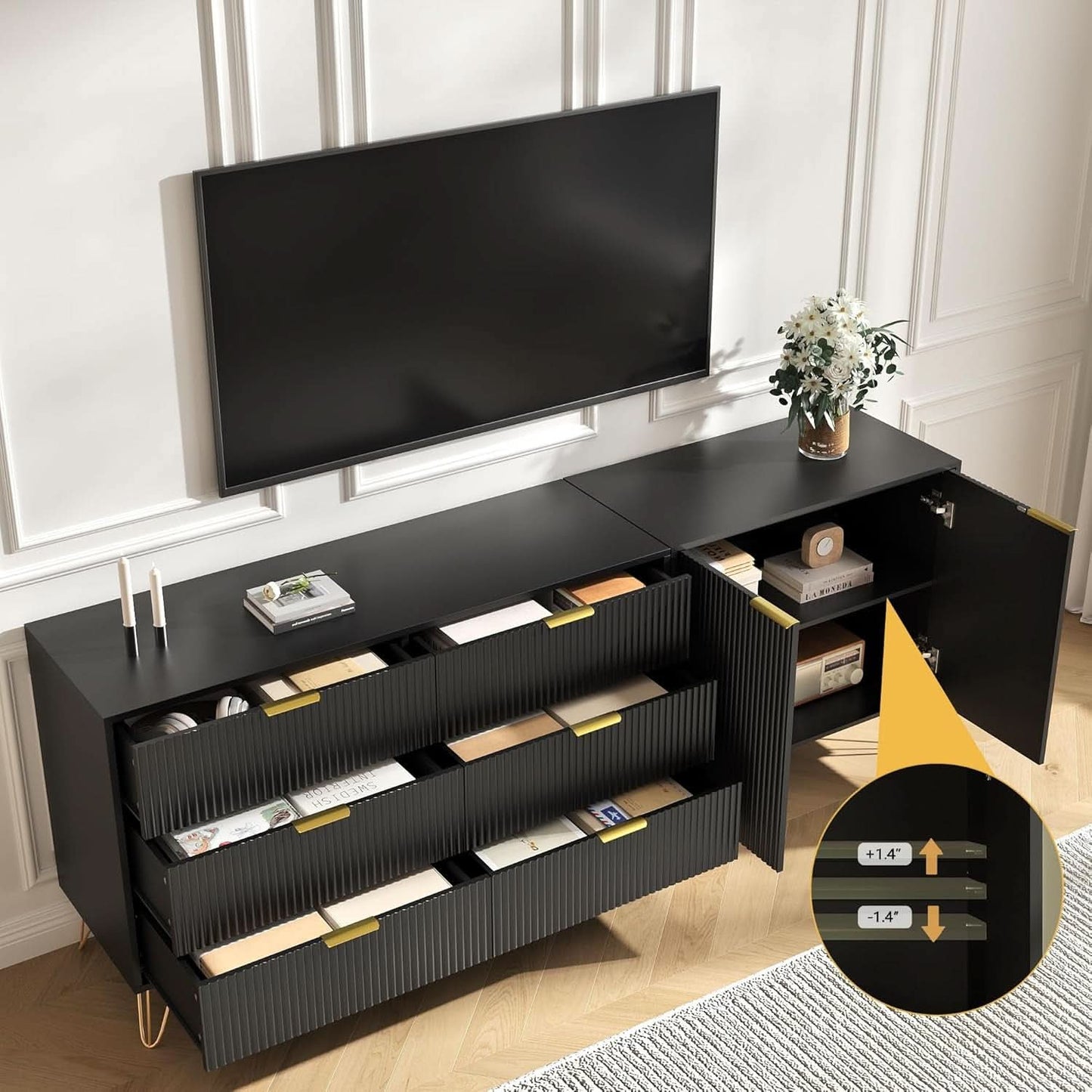 78 Inch TV Entertainment Stand Black With Fluted Shelves