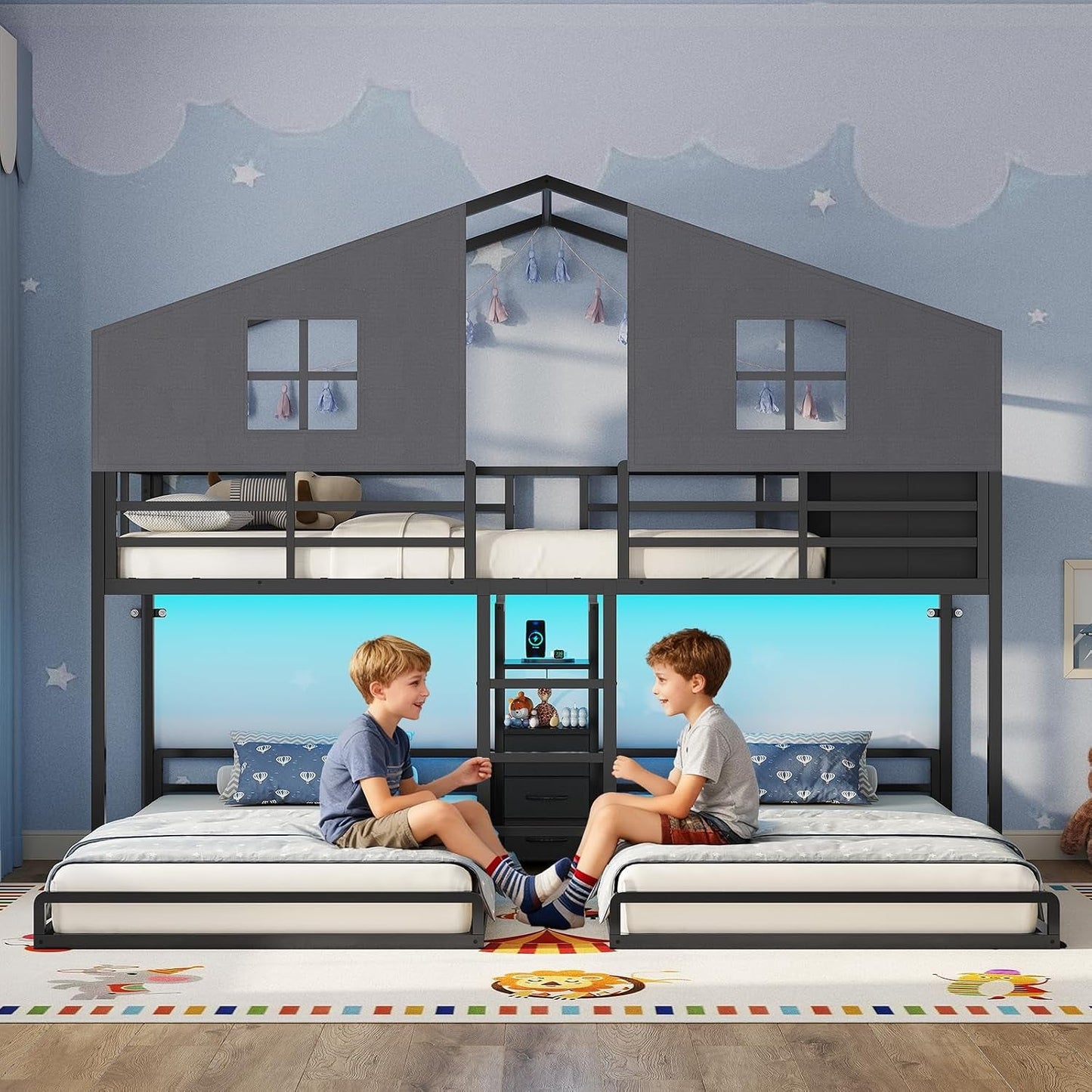 Black Commercia lGrade Triple Bunk Bed House Shaped LED