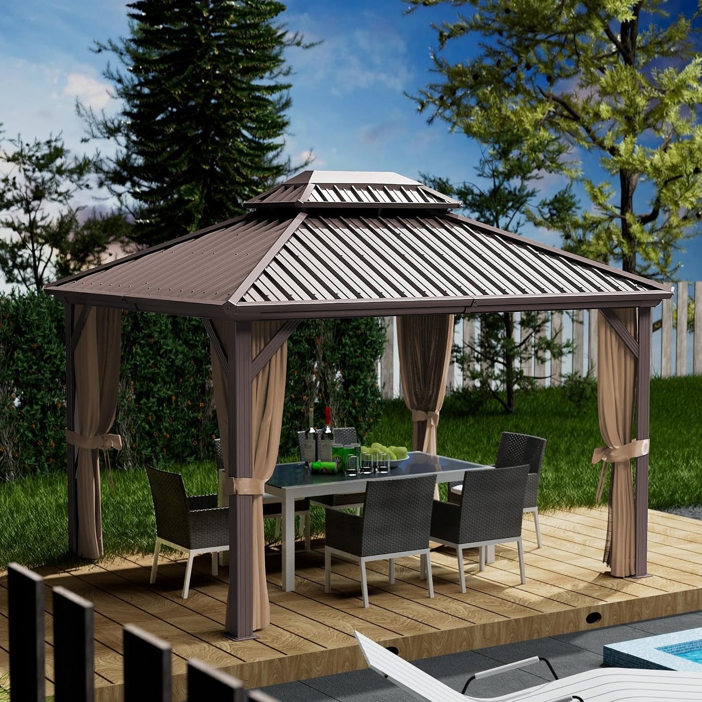 10x12Feet Brown Hardtop Gazebo With Curtain Netting