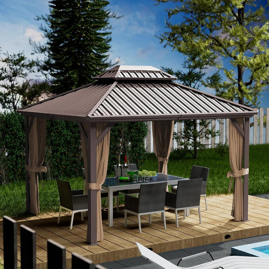 10x12Feet Brown Hardtop Gazebo With Curtain Netting