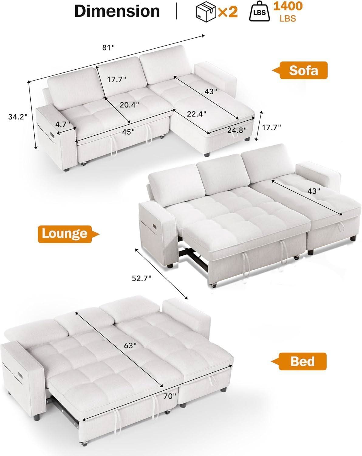 81 Inch Transformable Chenille Sleeper Sectional Sofa-2