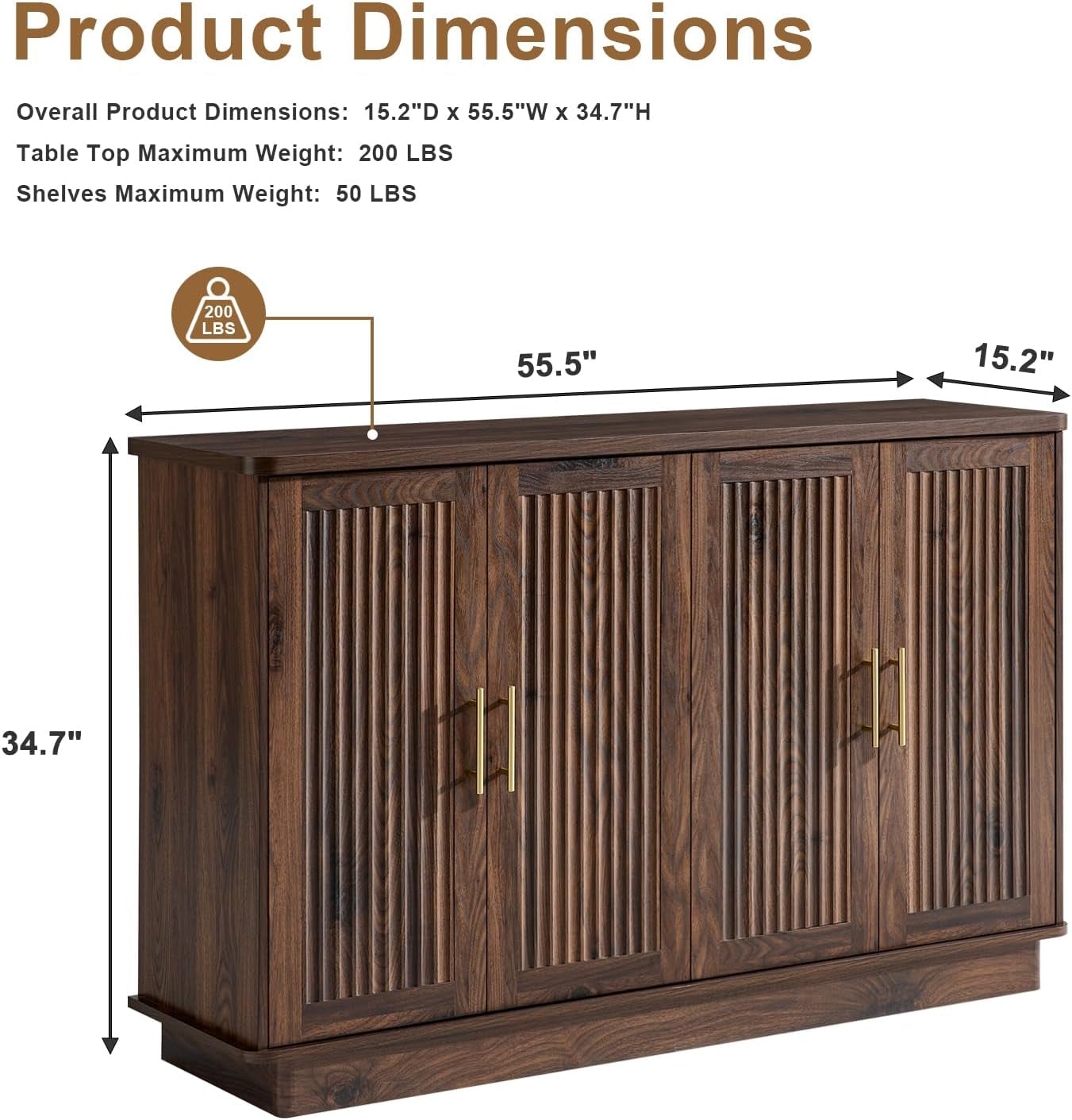 Walnut Sideboard Buffet Cabinet Adjustable Shelves