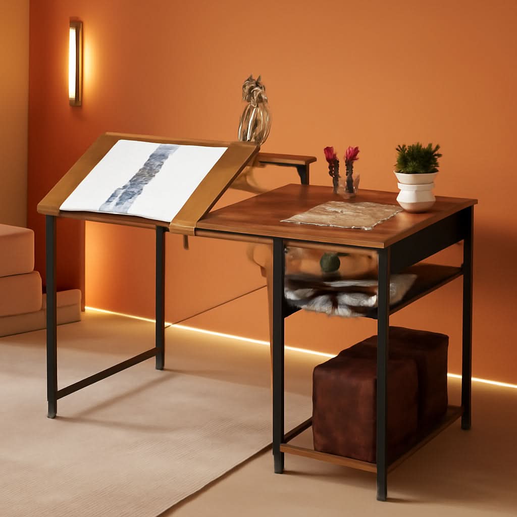 Adjustable Drafting Table with Storage Shelves and Drawer