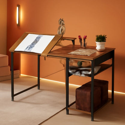 Adjustable Drafting Table with Storage Shelves and Drawer