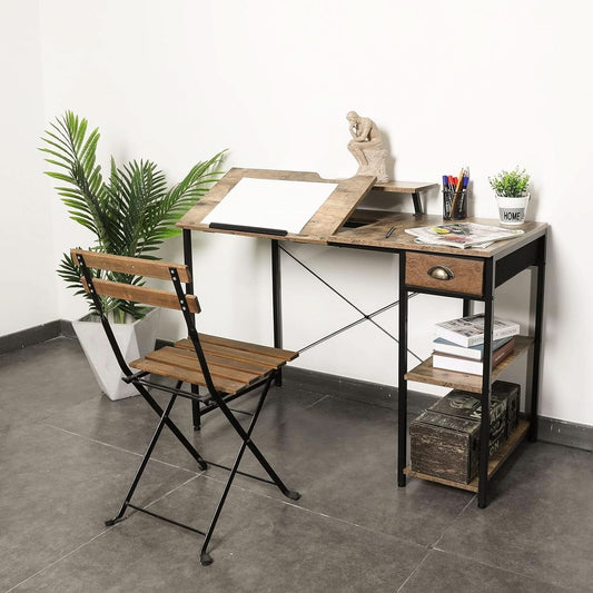 Adjustable Drafting Table with Storage Shelves and Drawer